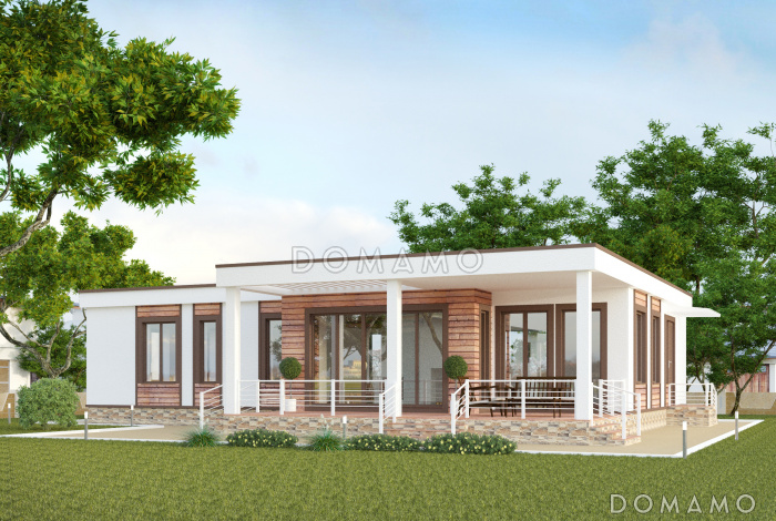 Проект одноэтажного дома в стиле хай-тек с полуоткрытой террасой и окнами в пол