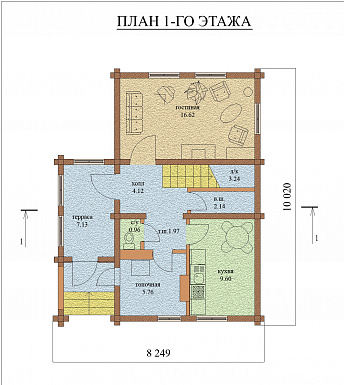 Проект компактного одноэтажного дома из оцилиндрованного бревна с мансардой / План 1 этажа