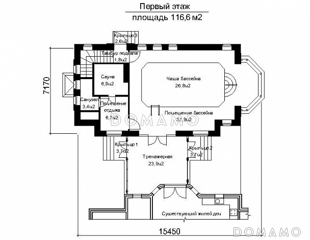 Проект пристроенного бассейна круглогодичного использования с мансардными окнами / План 1 этажа