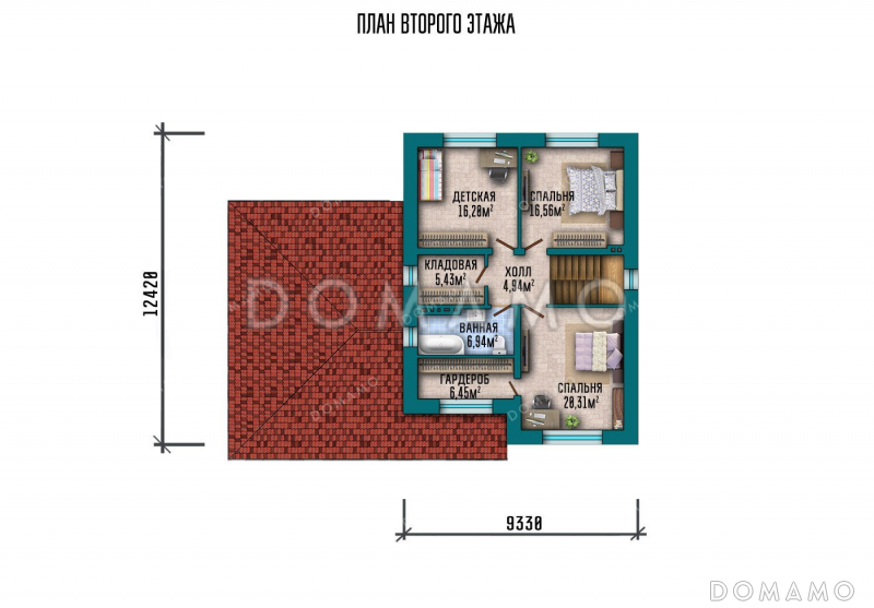 Проект двухэтажного дома с террасой и гаражом / План 2 этажа