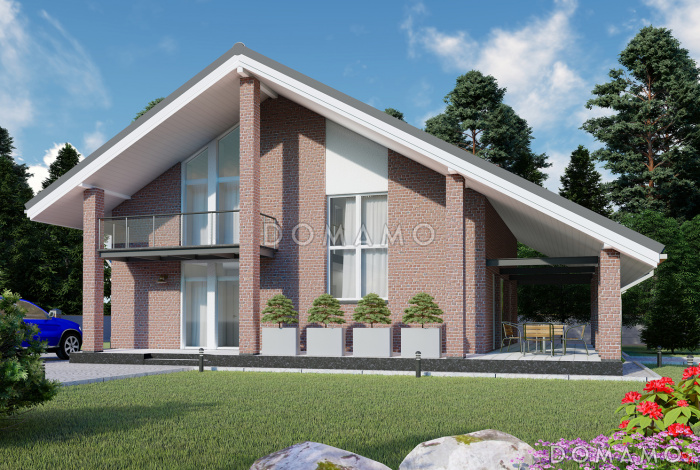 Проект дома с крытой террасой, спальней на первом этаже, балконом, вторым светом