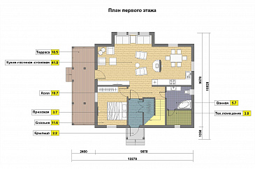 Проект дома из пеноблоков в стиле фахверк с сауной на мансардном этаже / План 1 этажа