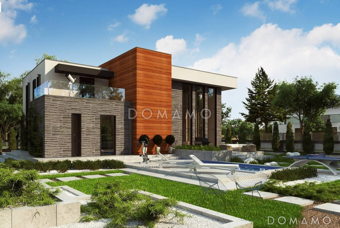 Проект современного двухэтажного дома из кирпича с плоской крышей, со вторым светом, террасами на двух уровнях и гаражом