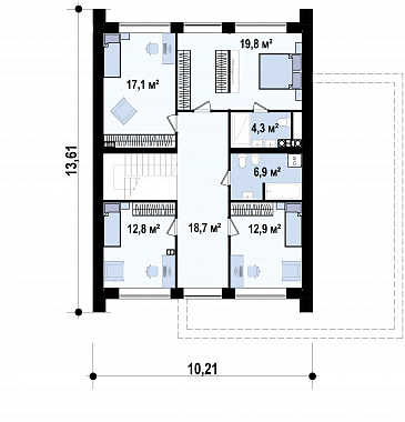Проект загородного дома с панорамным остеклением, кабинетом, просторной гостиной, гаражом на 2 машины, кладовой на кухне / План мансардного этажа