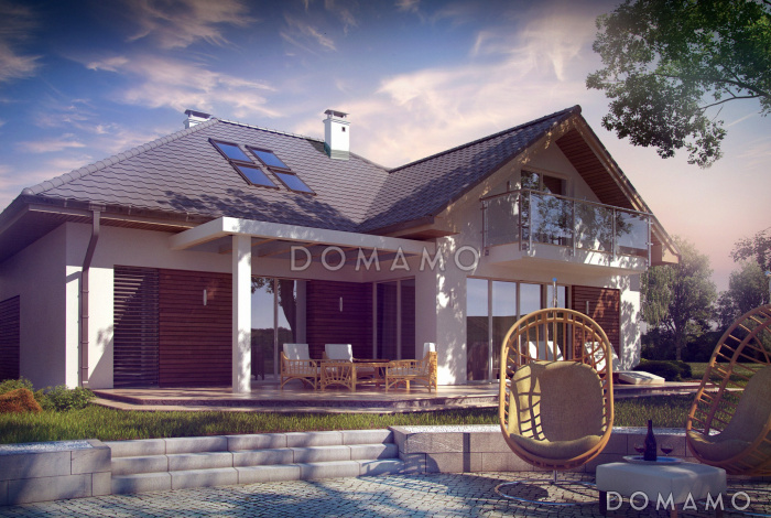 Проект просторного одноэтажного мансардного коттеджа из газобетона с гостевой спальней на первом этаже, кабинетом и гаражом