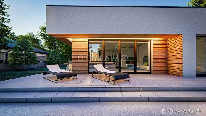 Проект одноэтажного дома с плоской крышей, большими окнами, террасами, большой спальней с гардеробными и ванной