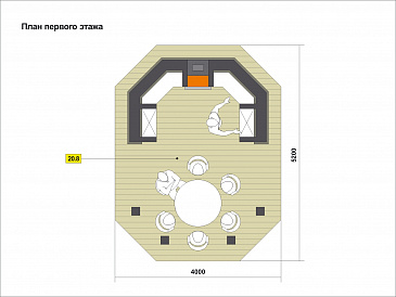 Проект беседки традиционной формы с обеденной зоной и зоной барбекю / План 1 этажа