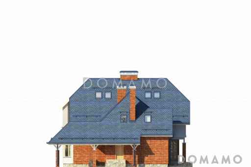 Проект дома с эркером в гостиной, комнатой на первом этаже, террасой, балконом, чердаком / Фасад 2