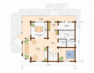 Проект дома из клееного бруса с большим балконом на мансардном этаже / План 1 этажа