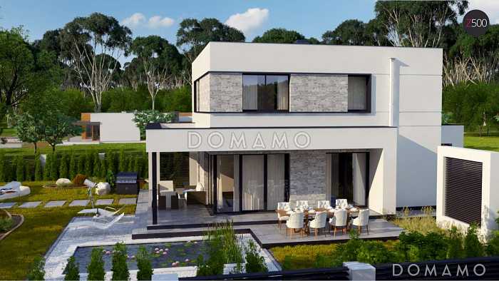 Проект современного двухэтажного дома из кирпича с плоской крышей, четырьмя комнатами и угловым остеклением гостиной