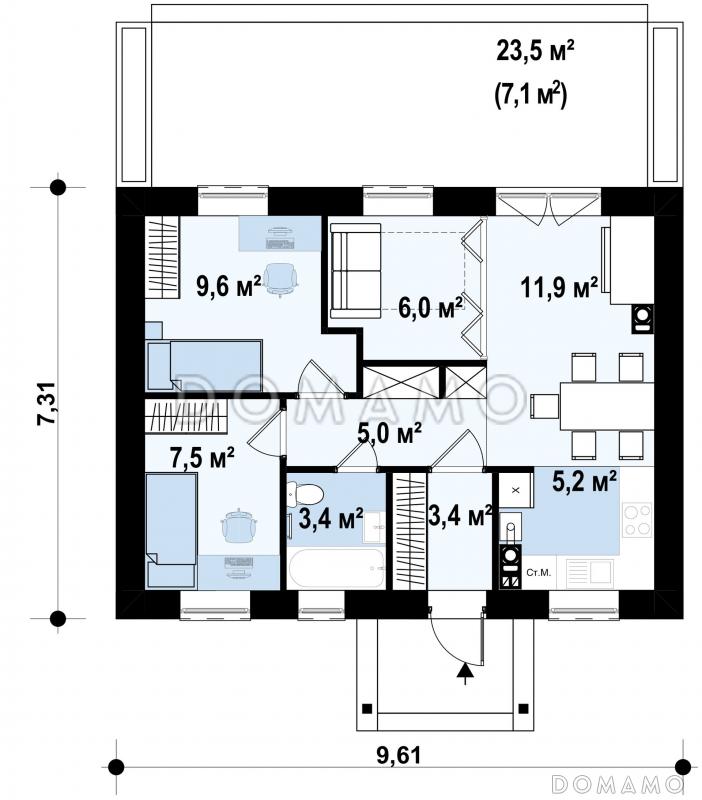 Проект компактного одноэтажного дома из газобетона с большой открытой террасой / План 1 этажа