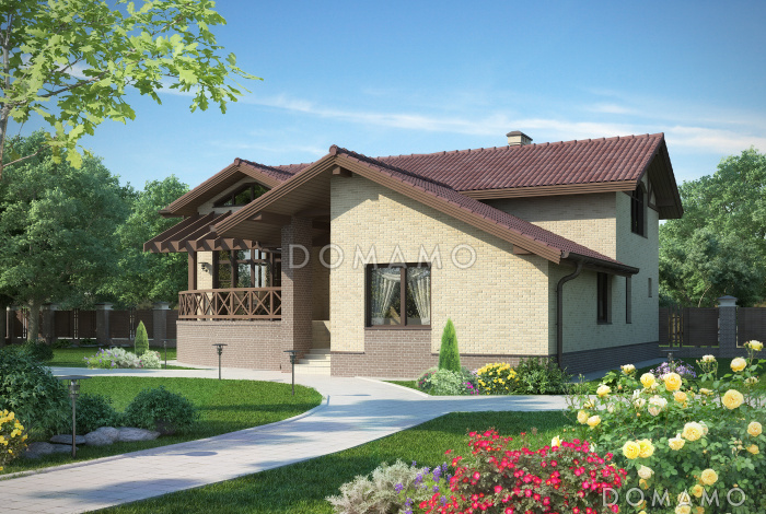 Одноэтажный дом с мансардным этажом со спальней, полукруглой террасой, большим бассейном