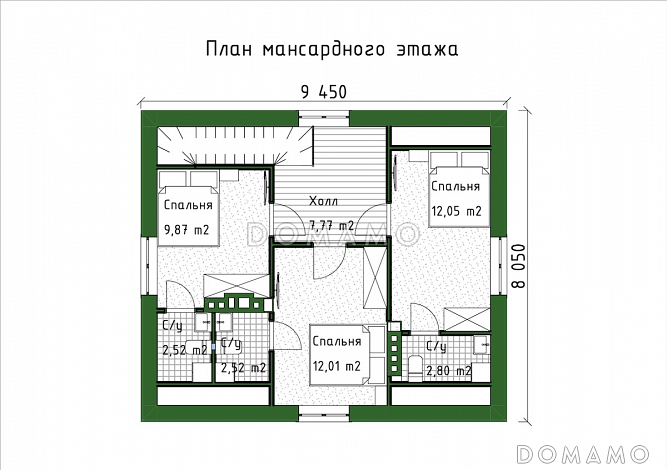 Проект мансардного дома с встроенной сауной, крытой террасой и кабинетом / План мансардного этажа