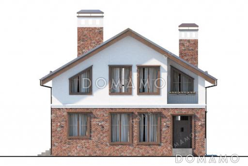 Проект дома с просторной кухней-столовой, загороженным крыльцом и уютным балконом на верхнем этаже / Фасад 1