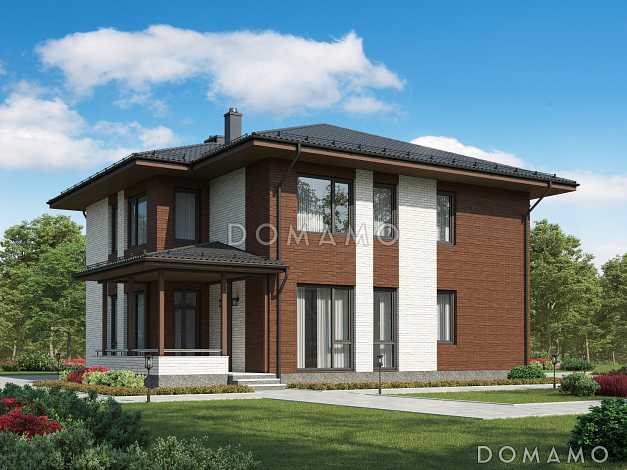 Проект дома из газобетона с гардеробной, хоз. комнатой, террасой, кабинетом