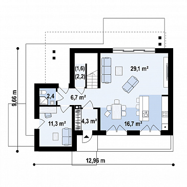 Проект двухэтажного загородного дома с подвалом, гаражом, кладовой, балконами / План 1 этажа