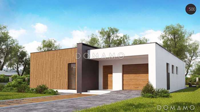 Проект небольшого современного одноэтажного дома из газобетона с плоской крышей с тремя спальнями и гаражом