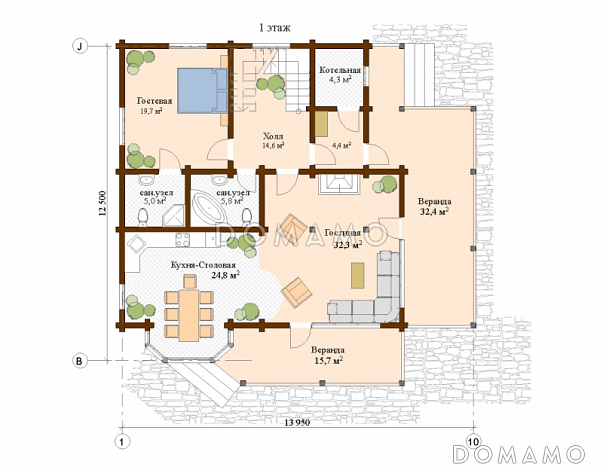 Проект дома с тремя спальнями на мансардном этаже / План 1 этажа