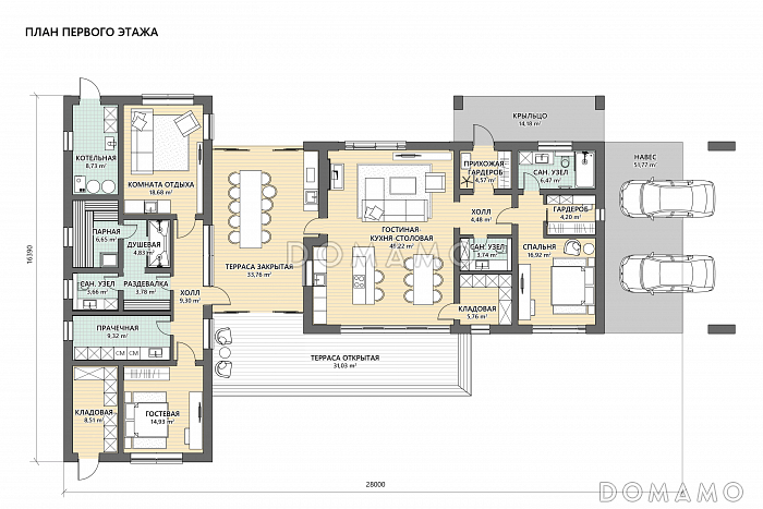 Проект одноэтажного кирпичного дома с комнатой отдыха, парной, двумя спальнями, совмещенной гостиной-кухней-столовой / План 1 этажа