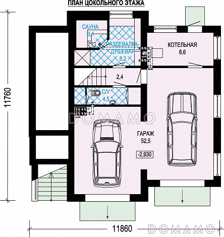 Проект трехэтажного газобетонного дома с двойным гаражом / План цокольного этажа