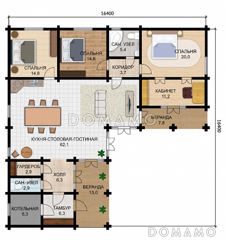Проект одноэтажного дома из клееного бруса с небольшим кабинетом / План 1 этажа