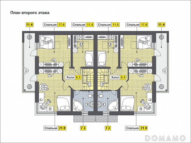 Проект дома на две семьи с большой кухней-столовой, гостиной с камином, террасой, длинным балконом / План мансардного этажа