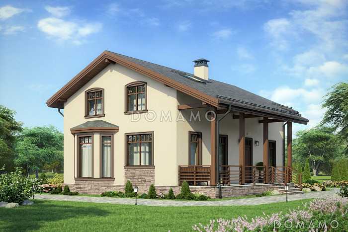 Проект дома с эркером в кухне, двумя спальнями на первом этаже, гостиной с камином, террасой