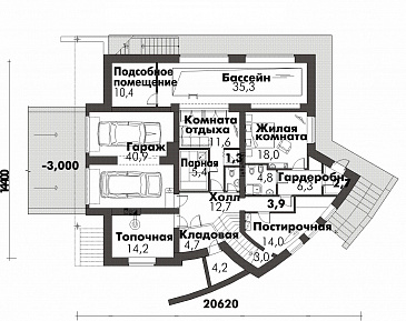 Дом оригинальной формы / План цокольного этажа