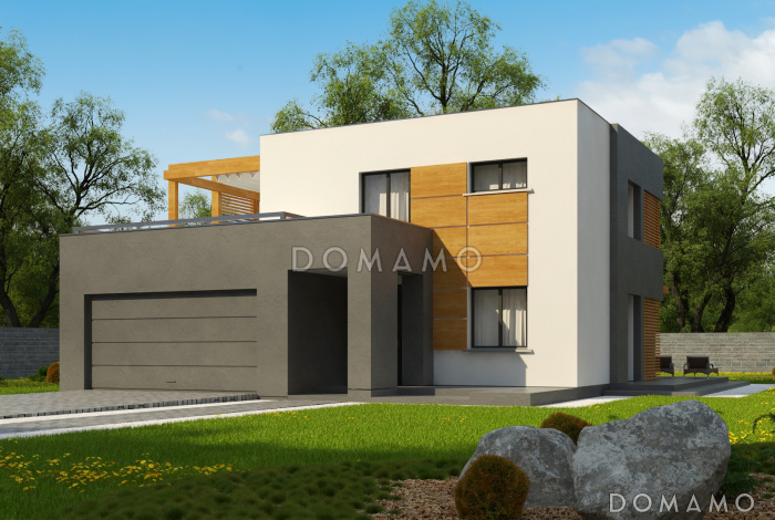 Проект двухэтажного дома с гаражом на две машины, террасами, хозяйской спальней