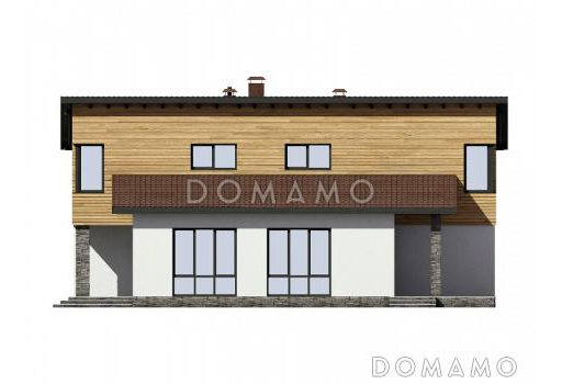 Проект дома с косой крышей, детскими комнатами, террасой, большой гостиной-столовой / Фасад 4