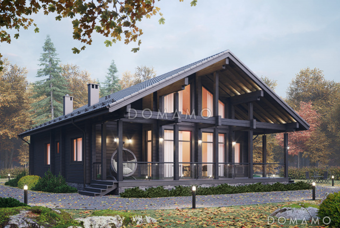 Проект дома-шале со вторым светом в гостиной и балконом на мансарде