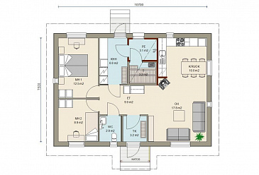 Проект одноэтажного каркасного дома с двумя спальнями / План 1 этажа