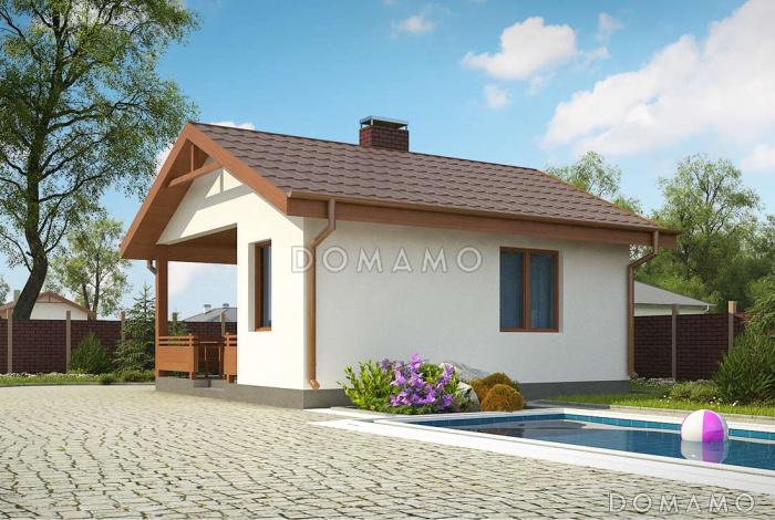 Проект небольшой бани из кирпича с комнатой отдыха и крытой террасой