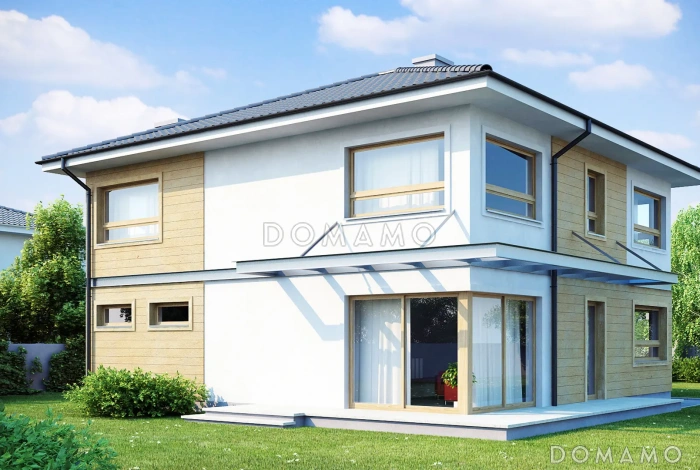 Проект двухэтажного дома из газобетона с 4 спальнями, подвалом и гаражом на 2 автомобиля