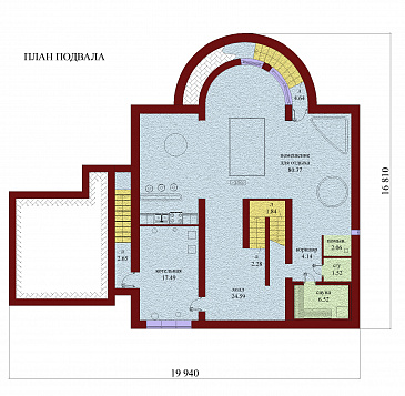 Проект одноэтажного дома с мансардой, цоколем и чердаком, со стеклянным эркером / План цокольного этажа