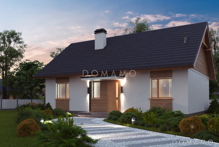 Проект простого компактного одноэтажного дома из кирпича с двумя спальнями и просторным хозяйственным помещением