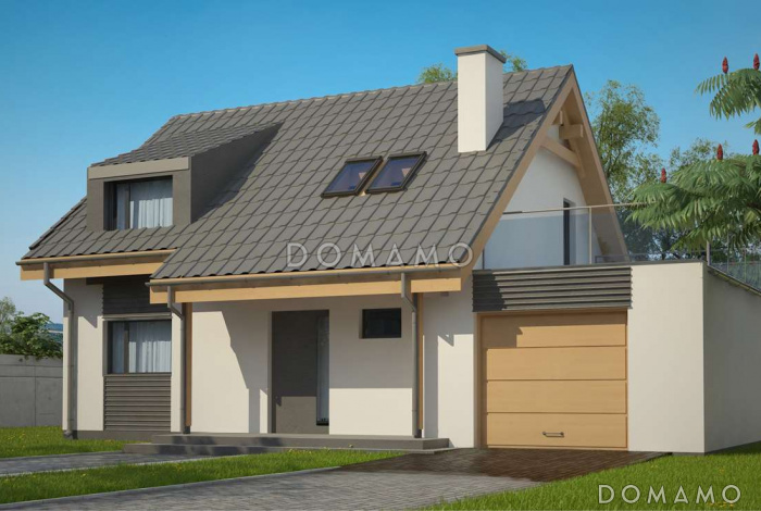 Проект одноэтажного мансардного дома из газобетона с пристроенным гаражом и террасой над ним