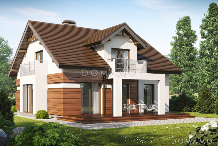 Проект одноэтажного мансардного дома из газобетона с кабинетом, эркером и балконом