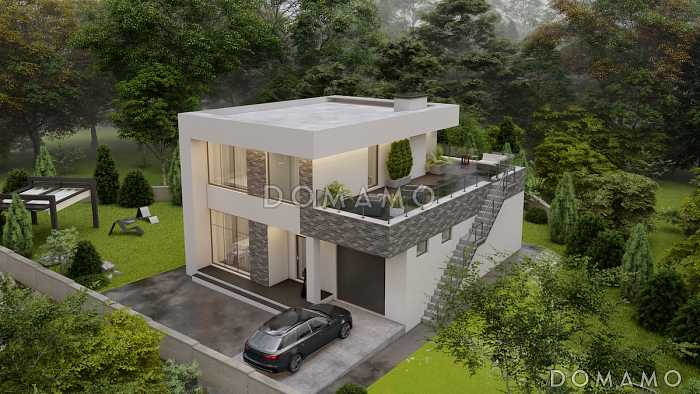 Проект двухэтажного дома из газобетона в стиле хай-тек со встроенным гаражом и открытой террасой на втором этаже