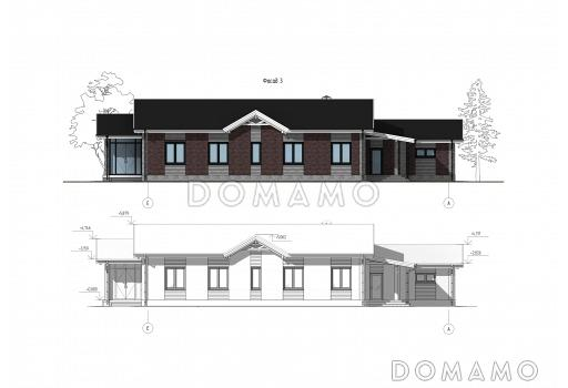 Проект одноэтажного дома с мастер-спальней, кабинетом, гаражом на 2 машины и застекленной террасой / Фасад 3