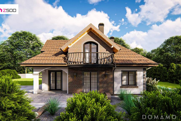 Проект мансардного дома из кирпича с тремя спальнями, кабинетом и красивыми балкончиками