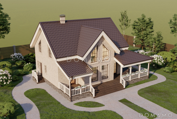 Проект двухэтажного каркасного дома со вторым светом, просторной крытой террасой и сауной