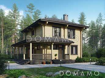 Проект двухэтажного дома из бруса с четырьмя спальнями, кабинетом и крытой террасой