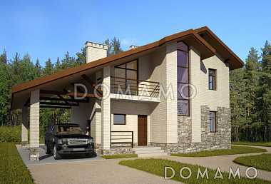 Проект загородного дома с открытой террасой и навесом для автомобиля, панорамными окнами