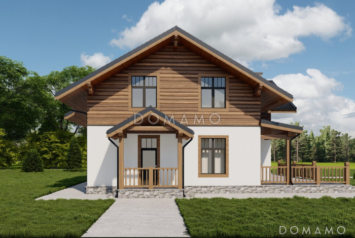 Проект двухэтажного газобетонного дома с просторной террасой, сауной и пятью спальнями