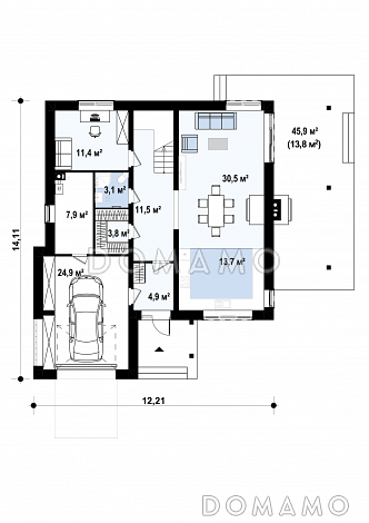 Проект просторного современного двухэтажного дома из газобетона, с четырьмя комнатами, гаражом и вторым светом над гостиной / План 1 этажа
