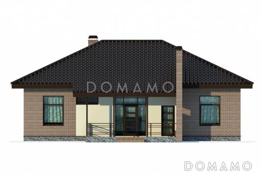 Проект одноэтажного коттеджа с коричневой облицовкой и необычной стеной крыльца / Фасад 1