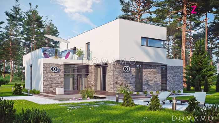 Проект современного двухэтажного дома из кирпича в стиле модерн, с террасой на втором уровне, с гаражом