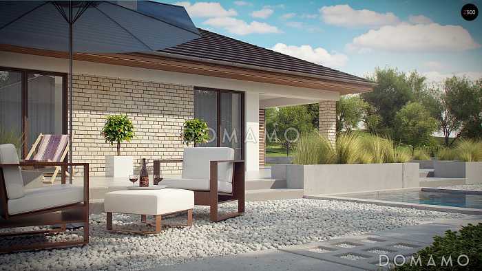 Проект дома с гаражом на две машины, мастер-спальней, кладовой на кухне, террасой