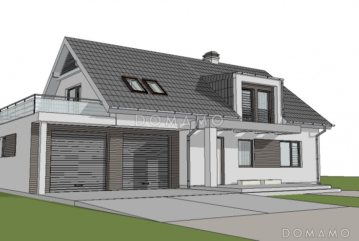 Проект одноэтажного мансардного дома из кирпича с эркером в кухонной зоне, вертикальным мансардным окном и гаражом на два автомобиля